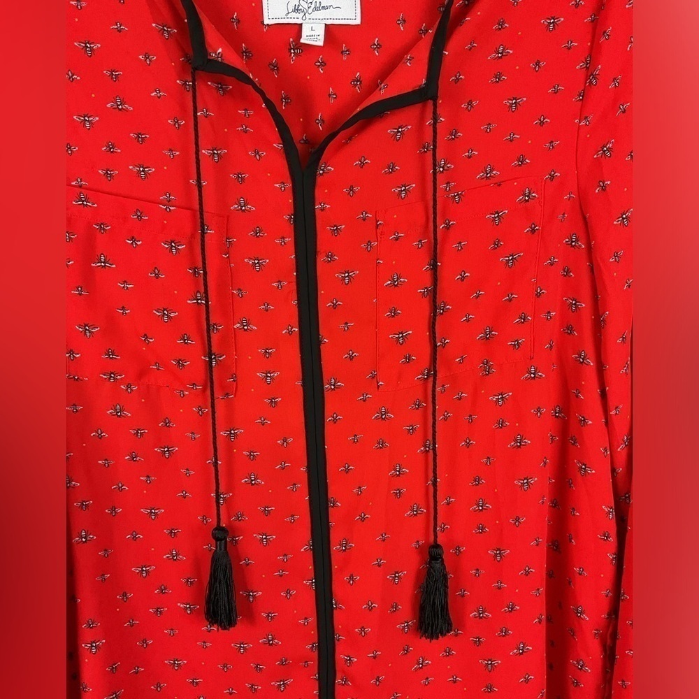 Libby Edelman Anthropology Bee Print  Long Sleeve Lightweight Blouse Tassels